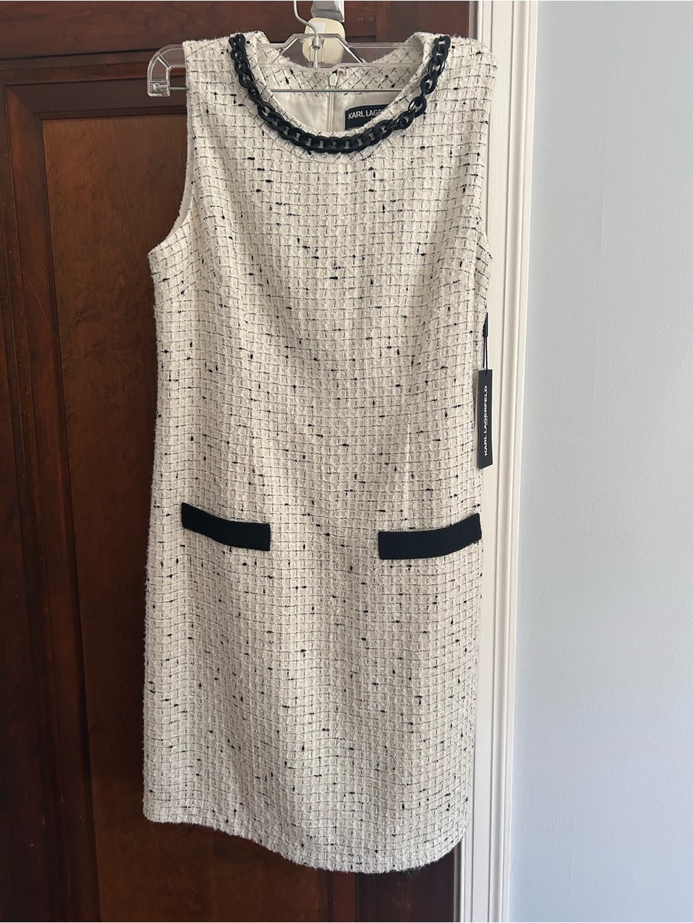 Karl Lagerfeld Cream Tweed Midi Dress with Black Trim and Chain Detail